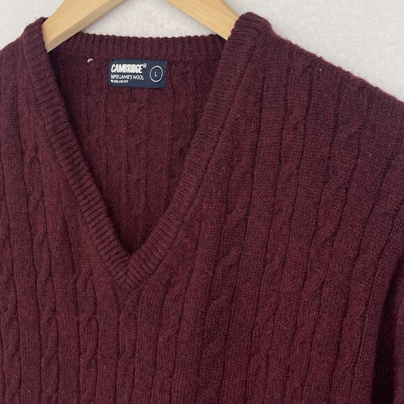 Cambridge Other - CAMBRIDGE Sweater Mens L Super Lambswool Blend Cable V-Neck Pullover Burgundy